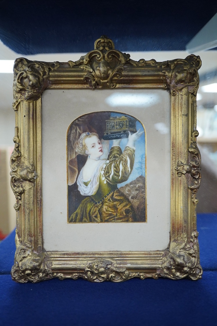 19th century, English School, in the manner of Titian, Portrait of a lady wearing 17th century dress holding a box, watercolour portrait miniature, 11 x 8cm, ornate gilt frame